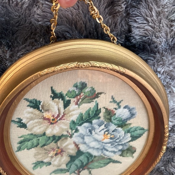 Vintage Needlework flowers in golden worked wood frame - Picture 9 of 16